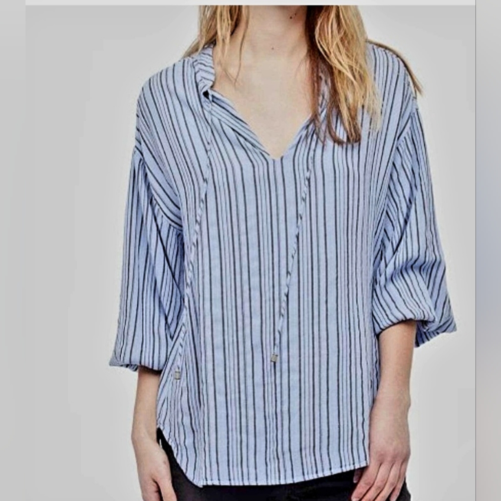 Free People Blue & Black Stripe Tie Front Boho Top, Size Small